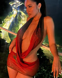 Nukty Mesh Halter Backless Floral Print See Through Sexy Mini Dress Summer Women Fashion Y2K Evening Party Club Outfit