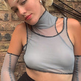 Sexy Off Shoulder Sleevsless Mesh See-Through Tank Tee Streetwear Women Fashion Solid Color Crop Top T-Shirt Clubwear Mujer