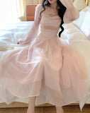 Nukty Elegant Evening Party Midi Dress Women Bubble Sleeve French Vintage Sweet Dress Female Pink Korean Style Fairy Dress Autumn