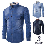 Nukty Fashion Mens Denim Shirt Long Sleeve Plus Size Cotton Jeans Cardigan Casual Slim Fit Shirts Men Two-pocket Tops Clothing M-6XL