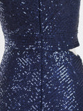 Nukty One Shoulder Silver Navy Stretchy Party Dress Sequin Hollow Out Split Leg Floor Length Bydocon Long Dresses