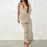 Nukty Beach Dress Ladies Summer Suit And Tunics Cover Up Sexy Knitted Hollowed-Out Beach Blouse Lace-Up Fringed Maxi Dress