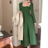 Nukty Knitted France Vintage Party Women Dresses Long Evening Elegant Dress Ladies Casual Chic One Piece Korea Autumn Winter New