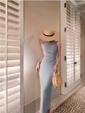 Nukty Summer Solid Color French Retro Hepburn Dress Summer One Shoulder Sleeveless Waist Slim Long Skirt Party Waist Fold