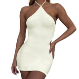 Nukty Women Knitted Bodycon Dress Sleeveless Lacing Halterneck Backless Slim Fit Mini Dress for Club Party