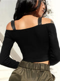 Nukty Spring T Shirt Women Long Sleeve T-shirt Crop Top Korean Fashion Style Feminina Knitted Cotton Black Sexy Short tshirt