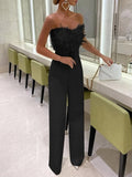 Nukty Jumpsuit Women Elegant Long Jumpsuit Strapless Slash Neck Feather Tube Top Sexy Fashion Party Night Evening Jumpsuit Summer