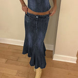 Nukty Sexy Denim Skirt Women Set Tube Tops Fur Edge Mermaid Dress Female Streetwear Set Summer Slim Sleeveless Spicy Suits