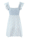Nukty Spring Summer New Vintage Casual Chic Printed Elastic High Waist Slim Flying Sleeves Square Neck Mini Short Dress Woman