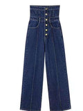 Nukty Elegant Korean Jeans Women Winter New High-Waist French Designer Wide-legged Pants Blue Casual Designer Long Pants Autumn