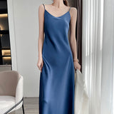 Nukty Tri-Acetate Satin Silky V-Neck Temperament Female Summer Beautiful Silk Suspender Dress New Long Skirt Is Thin