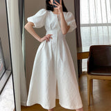 Nukty Vintage French Holiday White Dress Short Puff Sleeves Zipper Front A Line Slim Dress Vestidos Elegant Party Dress Summer