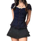 Nukty y2k Aesthetic Lace Tops Fairy Grunge Women Short Sleeve Drawstring Tshirt Off Shoulder Clothes Korean Fashion T Shirt Streetwear