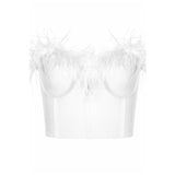 Nukty Women Tube Tops Solid Color Feather Furry Trim Sleeveless Off Shoulder Backless Back Zipper Slim Fit Crop Tops