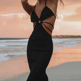 Nukty Summer New Ladies Halter Neck Hollow Dress Sexy Fashion Temperament Suspenders Fishtail Long Skirt Party High Street