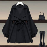 Nukty Autumn Office Ladies Elegant 2 Piece Sets Women Korean FashionTurn-down Iantern Long Sleeve Trench Coat And Bodycon Pants Sets
