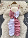 Nukty Foamlina Sexy Night Club Dress Women Summer Elegant Color Match Mini Bodycon Dress Strap Sleeveless Cut Out Ruched Party Dress