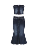 Nukty Sexy Denim Skirt Women Set Tube Tops Fur Edge Mermaid Dress Female Streetwear Set Summer Slim Sleeveless Spicy Suits