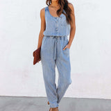 Nukty Fashion Office Long Pant Overalls Summer Sleeveless Button Pocket Denim Jumpsuit Female Casual Drawstring Waist One-Piece Romper