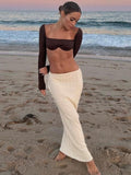 Nukty Summer Knit Long Skirt Women Sexy Holiday Party Beach Cove-Up Midi Skirts Dropped Waist See Through Wrap White Maxi Skirt