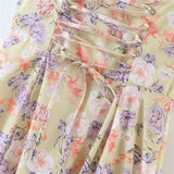 Nukty Spring Summer New Vintage Women Chic Lace-Up Slim Hollow Backless Slit Floral Square Collar Strap Long Midi Dress