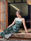 Nukty Women Slash Neck Sexy Strapless Retro Green Printing Elegant Temperament Fitting Suspender Slit Bodycon Long Midi Dress Summer