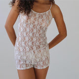 Nukty Women y2k Clothes Sets 2Pcs Suit Lace Flower Perspective Sleeveless Camisole + Elastic Waist Shorts Summer Outfits