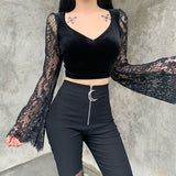 Nukty 90s Vintage Velvet Black Crop Top Elegant Lady Lace Flare Sleeve V Neck T-shirt Harajuku Grunge Retro Tees Women Gothic Clothes