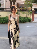 Nukty Vintage Elegant Print Spaghetti Strap Midi Dress for Women Party Fashion One Piece Bodycon Prom Robe Vestidos Summer Korean