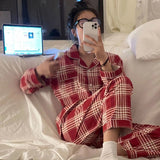 Plaid Christmas Pajamas Women Korean Sleepwear Autumn Pijamas Cute Clothes Pyjamas 2 Piece Pants Sets Loungewear Pj Suit