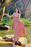 Nukty France Vintage Elegant Party Long Dress Ladies Pink Summer Sexy Beach Boho Dress Women Backless Casual Retro Korean Style Dress