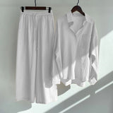Nukty Cotton Linen Shirt  High Waist Slacks Suit Women's Sweatshirt Set SweatshirtWomen's 2-piece Retro  Oversize Suit  Pockets