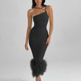 Nukty Sexy Green Short Cocktail Dresses Crepe Feather One Stripe Shoulder Mermaid Dress Backless Prom Homecoming Gowns Dress Clubwear