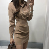 Nukty New Korean Chic Turn Down Collar Single Breast Tie vintage Dress High Waist Hip Pleat Bodycon Vestidos Solid Temperament Ropa