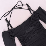 Nukty Double Layer Flare Sleeve Mesh Dress Sexy Elegant Off The Shoulder Holiday Birthday Party Dresses Black Women Dress