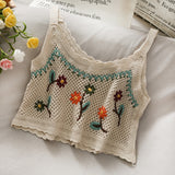 OUMEA Women Summer Crochet Camis Crop Top Floral Embroidery Cute Sleeveless Beach Sweet Retro Tops Vintage Floral Cotton Tops