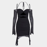 Nukty Double Layer Flare Sleeve Mesh Dress Sexy Elegant Off The Shoulder Holiday Birthday Party Dresses Black Women Dress