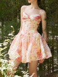 Nukty Spring Summer New High Waist Strap Mini Dress Woman Sexy Party Fashion Slim Print Draped Short Dress Female
