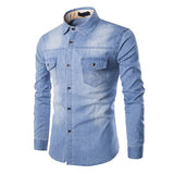 Nukty Fashion Mens Denim Shirt Long Sleeve Plus Size Cotton Jeans Cardigan Casual Slim Fit Shirts Men Two-pocket Tops Clothing M-6XL