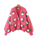 Winter Women's Cardigans Multicolor Floral Knitted Decoration Long Sleeve Loose Coats Warm Sweaters 3 Colors