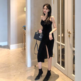 Nukty New Vintage Women Dress Spaghetti Strap Slit Velvet Black Dress Sexy Bodycon Bandage Dress Midi Party Dress Verano Vestidos