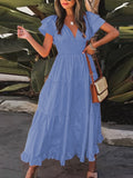 Summer New Ladies Fashion Short Sleeve Dress Simple Solid Color Large Swing Mid-Length Skirt V-Neck Cake Skirt Party Dress