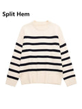 Nukty Casual Knitted Sweater Autumn Femme Vintage V Neck Striped Loose Elegant Pullover Chic Jumper Women's Long Sleeve Top