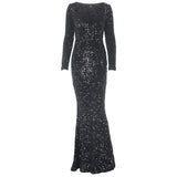 Nukty Long Sleeve Padded Sequin Maxi Dress Floor Length Sparkles Stretch V Neck Mermaid Formal Evening Night Party Gown Grey Black Red