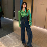 Nukty Elegant Korean Jeans Women Winter New High-Waist French Designer Wide-legged Pants Blue Casual Designer Long Pants Autumn