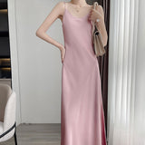 Nukty Tri-Acetate Satin Silky V-Neck Temperament Female Summer Beautiful Silk Suspender Dress New Long Skirt Is Thin
