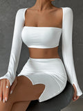 Nukty 2 PCS Sexy White Mini Dress Set Long Sleeve Top Summer Skirts Suits Bodycon Women Party Short Split Dress Suit