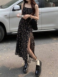 Nukty Y2k Vintage Black Floral Dress Women Korean Style Mesh Irregular Split One Piece Slip Long Chiffon Fairy Dresses Summer