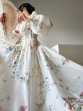 Nukty French Elegant Floral Midi Dress Chiffon Long Sleeve Evening Party Dress Woman Beach Fairy One Piece Dress Korean Summer