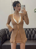 Sexy V Neck Long Sleeves Hollow Out Ruffles Top + Mini Skirt 2 Pieces Sets Women Summer Casual Party Club Blue Outfits